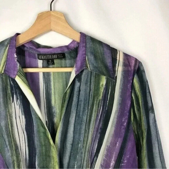 Lafayette 148 Purple & Green Watercolor Tie Front Silk Blend Long Sleeve 14 - Picture 3 of 4